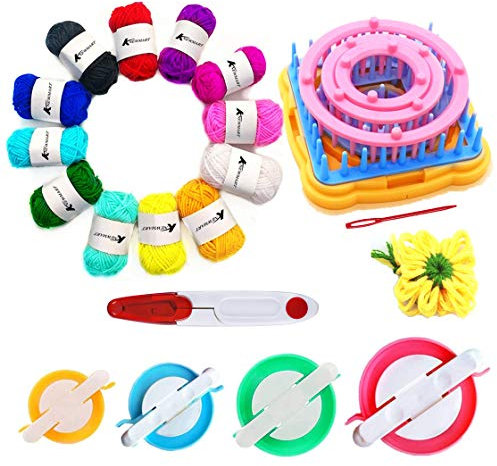 Telar de Tejer de Flores,8pcs Flower Maker Wool Knitting Ball Maker Herramientas de Tejer Tejido Artesanal Weaver Telar - con Aguja (Telar de Flores + Pompom maker + Hilo + Tijeras)