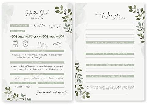 luftundliebe Babyparty Ratespiel – Ratespiel für die Babyparty – Babyparty Karten zum ausfüllen – Für Mädchen und Junge – Baby Orakel – Salbei 20 Stück