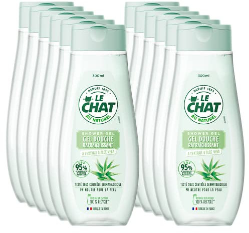 Le Chat - Gel Douche Rafraîchissant - A l’Extrait d’Aloe Vera - 95% d’Ingrédients d’Origine Naturelle - Formule de pH Neutre pour la Peau - Testé sous Contrôle Dermatologique - 300 ml - Lot de 12