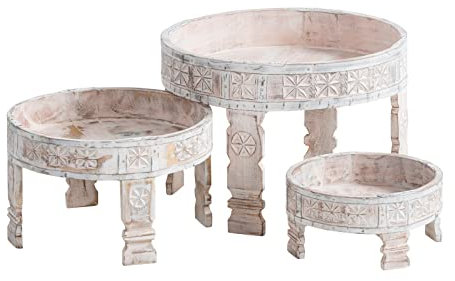 Woodkings Satztische Chakki I 3er Set Couchtisch 50x35x50 cm aus Massivholz | Beistelltisch im Boho Stil für Wohnzimmer Bad oder Flur I Vintage Design platzsparend handgefertigt Deko Tisch