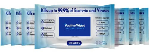 Positive Wipes - 100 Alcohol Disinfectant Wipes - 100% Biodegradable - 75% Alcohol - Surfaces and Cleaning - Kills 99.99% of Viruses, Bacteria and Germs. (12 Pack)