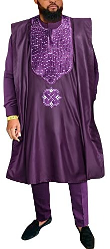 HD Abbigliamento da uomo africano Agbada Abbigliamento Ricamo Dashiki camicie e pantaloni abiti 3 pezzi, Viola-25, L
