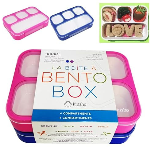 Bento Lunchbox für Kinder und Erwachsene: auslaufsichere Lunchboxen mit 4 Fächern, geteilte Behälter für Jungen Mädchen Frauen Männer - Schule Arbeit Portionsbehälter Utensilien, Blau + Rose Pink Set