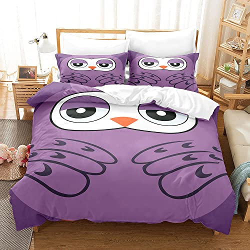 Anime süße Eule- lila Hintergrund 3D-Farbdruck weicher Polyester-Bettwäsche-Trösterbezug dreiteilig 1 Bettbezug + 2 Kissenbezug-Dekoration