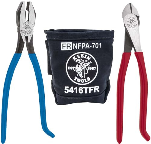 Klein Tools 80081 Kit de alicates, alicates de corte diagonal para trabajadores de hierro, cortadores laterales resistentes y bolsa de herramientas de lona resistente al fuego, 3 piezas