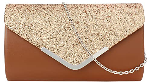 MEGAUK Damen Clutch Glitzer Elegant Abendtasche Glänzend Handtasche Envelope Tasche Strass Unterarmtasche mit Kette für Hochzeit Wedding Prom Party (Leder Braun)