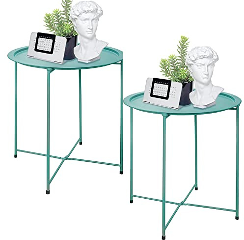 Garden 4 you End Table Set of 2, Outdoor Side Table, Small Patio Table Metal Side Table, Round Folding Side Table, for Outdoor and Living Room,Green