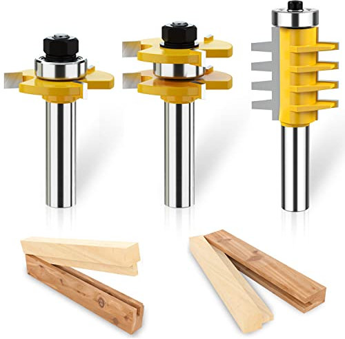 Helovmine Tongue and Groove Router Bit Tool Set with Adjustable 1/2 Inch Shank T Shape Wood Milling Finger Joint Router Bit - Woodworking Chisel for Solid Wood, Particleboard, MDF, Plywood- 3Pcs