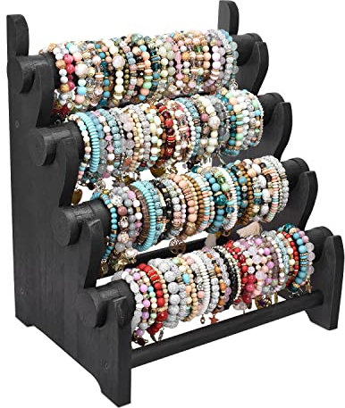 Ikee Design Schmuckständer aus Holz, Antik-Optik, 4 Ebenen, für Armreifen, Haargummi, Organizer für Geschäfte, Vitrinen und zur Aufbewahrung zu Hause, 30,5 cm B x 22,9 cm T x 35,6 cm H, Schwarz