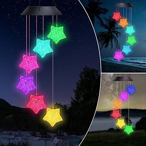 Larkumio Solar Windspiel für Draußen Garten Hängend Gartendeko Balkon Deko, Solarwindspiele Wind Chimes Outdoor mit Farbwechselnden LED Solar Lichter Dekorative Windspiele für Frauen Kinder, Stern
