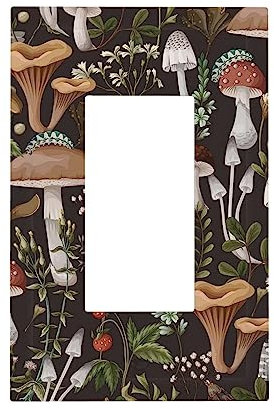 1 Gang Electrical Decora/GFCI Device Wallplate Funky Retro Vintage 70s 60s Boho Hippie Mushroom Botanical Floral Single Decorator Rocker Outlet Light Switch Cover Electrical Faceplate Dimmer