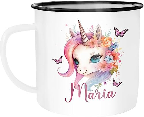 SpecialMe® Kinder-Tasse Emaille personalisiert mit Namen Einhorn Aufdruck Namenstasse individuelle Geschenke emaille-weiß-schwarz standard