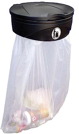 Glasdon Soporte para bolsa de basura Orbis™ – Soporte para bolsas de basura montado en la pared con saco transparente para máxima seguridad – Parte superior abierta o tapa abatible (Negro (con tapa))