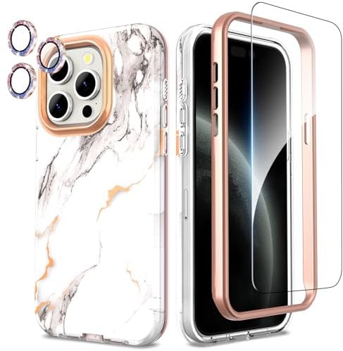 SHEDEER for iPhone 15 Pro Case with Screen Protector + Bumper & Camera Protector, TPU Shockproof 360° Protection, 15 Pro Cases Glossy Fade-Resistant Pattern Phone Case 15 Pro, Marble
