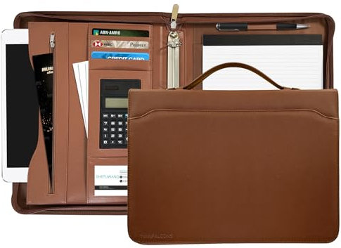 Porte Document à anneaux en O, Portfolio en Cuir PU Porte Documents de Conférence Organisateur Pochettes avec Calculatrice Support Reliures Homme Femme Marron