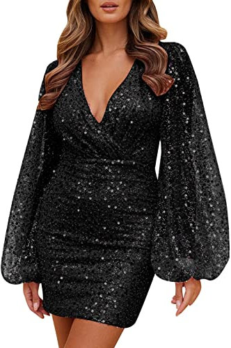 Party Dresses for Women UK Elegant Glitter Dress Deep V Neck Sequin Long Puff Sleeve Waist Ruched Slim Hip Dresses Solid Colour Evening Gowns Prom Dress Vintage Short Skirts Elegant Black