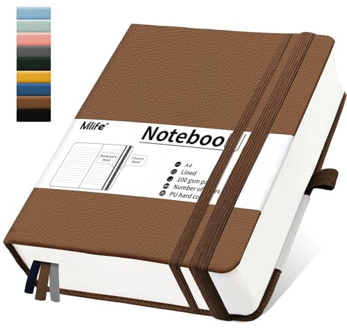 Mlife A4 Lined Notebook,Thick Journal-360 Numbered Pages Writing Journal with 100g/M² Inkproof Paper, PU Cover Journal Notebook with 5 Free Sticky Notes,A4 Notebook Hardback for School Office-Brown