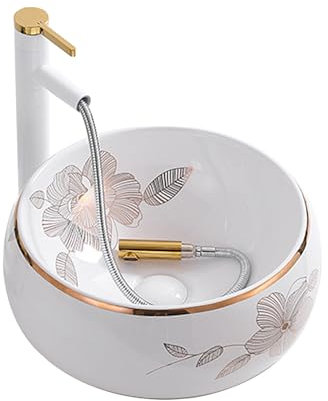 HUHJYUGE Lavabo Bagno da Appoggio Rotondo, Moderno Lavandino Bagno Bianca con Rubinetto, Lavabo in Ceramica Salvaspazio, Bacinella Lavamani, Ideale per Casa Ristorante e Hotel