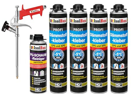 Isolbau B2 Dämmstoffkleber SET - 4 x 750 ml Perimeterkleber, 1 x PU-Schaum-Reiniger & 1x Schaumpistole für EPS & XPS-Platten - 1K PU-Klebeschaum für Fixieren & Befestigen