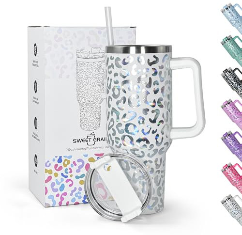 sweet grain 1200ml 40oz Tumbler with Straw and Lid, Stainless Steel Coffee Cup Travel Mug,Vacuum Insulated Water Bottle for Water, Iced Tea or Coffee, White Leopard