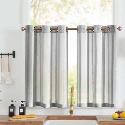 Vangao Streifen Voile Grau Scheibengardinen Modern mit Ösen Transparent Bistrogadine 2er Set 90Bx90Hcm Landhaus Gardinen kurz Gestreift Sheer Fenstervorhang Wohnzimmer Wohnwagen Küchengardinen