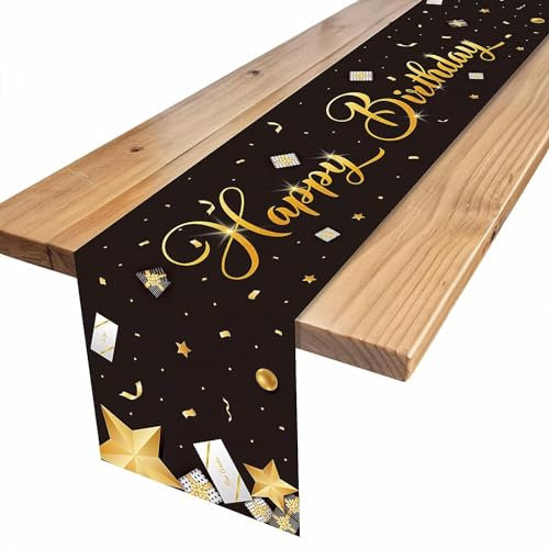 Table Geburtstag Tischläufer Schwarz Gold, Tischläufer Geburtstag Tischdeko Geburtstag, Happy Birthday Tischläufer Tischdecke, Tischdekoration Geburtstag für Mädchen Jungen Geburtstag Deko