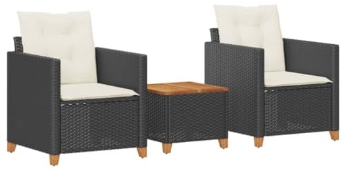 vidaXL 3-TLG. Bistro-Set mit Kissen Schwarz Poly Rattan Akazienholz