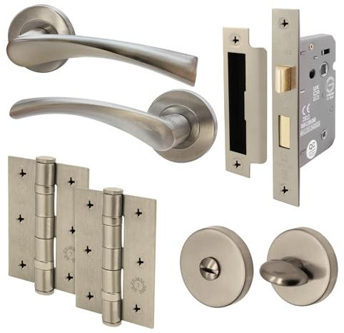 EAI Nickel Bathroom Door Handle Set | Round Internal Door Handles, Thumb Turn & Release Set, Lock & Hinges (76mm) | Satin Nickel Novoli Range