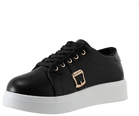 Genérico Zapatillas Sin Cordones Zapatos Mujer Delicados Zapatillas de Deporte Casuales de Gruesa con Cordones y Hebilla de cinturón de de imitación de Cuero sólido a Mujer Lona Zapatos (Black, 37)