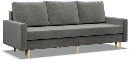 Mebligo - Sofa mit Schlaffunktion und Bettkasten Blank, 3 Sitzer Sofa 212 cm Breit, Schlafsofa, Ausziehbares Couch auf Holzfüßen,Schlafcouch -Hellgrau