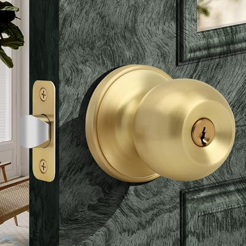 Moquin Bouton de porte d'entrée rond en or brossé, poignée de porte intérieure verrouillable avec clés, poignée de porte à clé pour entrée d'entrée, finition laiton satiné