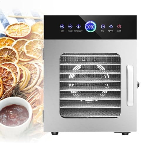 8 vassoi essiccatore alimentare commerciale in acciaio inox timer digitale regolabile 30-90 C° controllo della temperatura, finestra visibile, pannello touch LED, essiccazione di frutta, carne