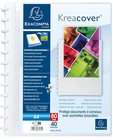 Exacompta - Réf. 86471E - Carton de 4 Protège-documents amovible à anneaux avec 40 pochettes grainées détachables - 80 vues - A4 - dim 24,5x31cm - couverture rigide personnalisable Kreacover -blanc