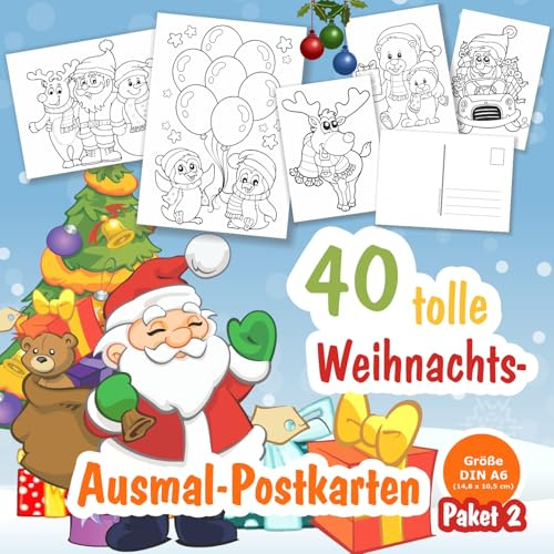 Unser-Festtag 40 DIY Weihnachts Postkarten zum Ausmalen, für Kinder, unterschiedliche Motive, Geeignet für Nikolaus, Weihnachten, Advent (Größe je Karte Din A6) Set 2