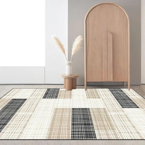 Moderner geometrischer Patchwork-Teppich, Schwarz-Beige, große Teppiche für das Wohnzimmer, Innenteppiche für das Schlafzimmer, weiche karierte Teppiche für im Wohnheim, 50 x 80 cm (20 x 30 Zoll)