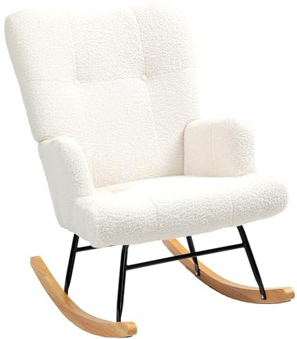 HOMCOM Mecedora de Borreguito Mecedora para Lactancia con Respaldo Capitoné y Base de Madera de Caucho Carga 120 kg Sillón Relax para Salón Dormitorio Crema