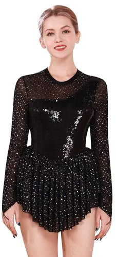 FYMNSI Damen Eiskunstlauf Kleid Glitzer Pailletten Langarm Ballettkleid Ballettkleidung Gymnastik Leotard Turnanzug Tanzkost�m Eiskunstlaufkleid Eislaufen Skating Kleider Gymnastikanzug Schwarz L