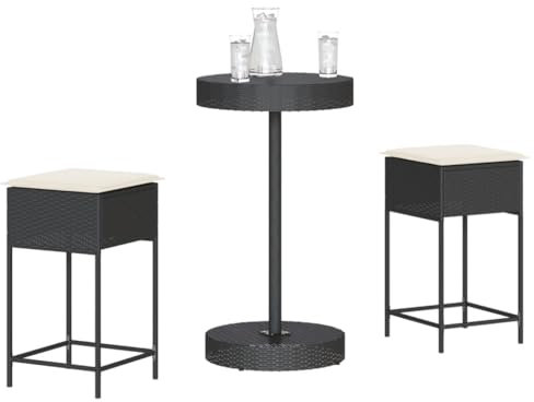 Gecheer 3-TLG.Gartenbar Set 3-TLG.Gartenmöbel mit Kissen, Bartisch Stehtisch Barhocker Barstuhl, Theke Bar Tresen Gartentheke Sitzgruppe,Schwarz Poly Rattan