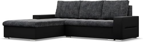 Mebligo - Ecksofa mit Schlaffunktion und Bettkasten Aurora, Eckcouch mit Ottomane Links, Sofa L Form (BxTxH) 243 x 200 x 92 cm, Couch Wohnzimmer, Ecke Sofa, Schwarz + Schwarz (Samt und Kunstleder)