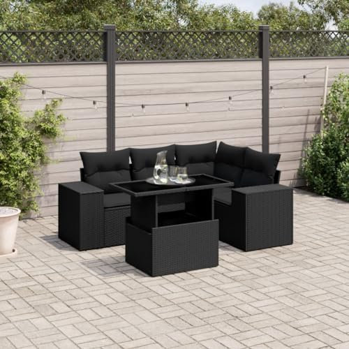 IKAYAA Rattan Gartenmöbel Set Gartenlounge Outdoor Balkon Lounge Gartensofa wetterfest Polyrattan Lounge Terassenmöbel außen mit Kissen-Schwarz-5-tlg-Typ 2