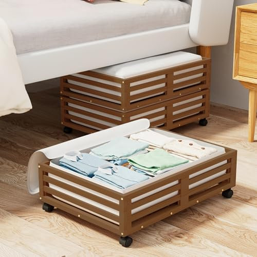 Bamboo Under Bed Storage Containers- Underbed Organizer with Wheels with Large Capacity Dust Bag,Sturdy Wood Rolling Under Bed Shoe Storage Organizer 2 Packs (Walnut, 2 Packs (23.62×16.54))