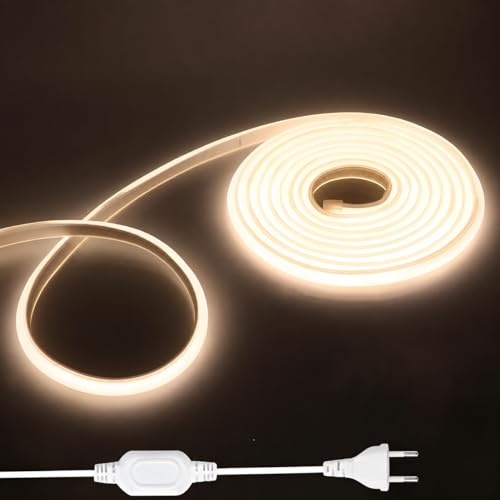 Shengruili 6M COB LED Streifen,220V LED Streifen Natürliches Licht 4000K,Hohe Dichte Strip Lights mit Netzteil,Wasserdicht Diffusion Flex streifen für Heim Dekoration, Küche, Spiegel,Ersatzteile