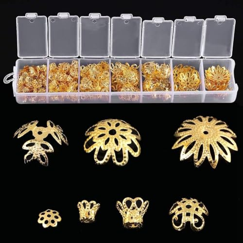 300 Stück Perlenkappen, 7 Größen Perlenkappen Blumen Perlenkappen Metall, Perlenkappe Mit Öse, Blumen Perlenkappens Für Schmuckherstellung, Schmuckzubehör Metall Blumenförmige Abstandshalter mit Boxen