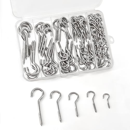 Ticway 125 Pcs Screw Hooks in 5 Sizes – Cup Hooks for Hanging Plants, Mugs, Lights, and Ceiling Storage (Silver)