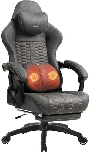 Dowinx Gaming Stuhl Big and Tall mit Massage Lendenstütze, Gamer Stuhl mit Fußstütze, Ergonomischer Computerstuhl, PU Leder, 180 kg, Grau
