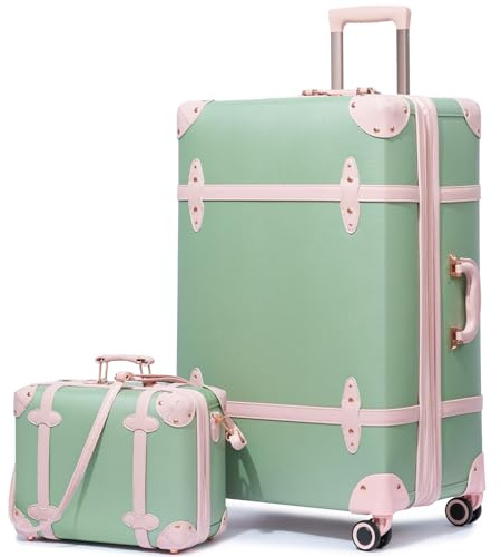 urecity Valise Vintage Voyage, Koffer Rétro avec 4 roulettes, Trolley Léger à Coque Rigide (Vert et Rose, S(14)+M(20))