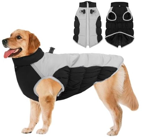 Wintermantel Hundemantel Gross Hund, Hundemantel Winter Rollkragen Warme Reflektierende,Haustier Skifahren Kostüm Winterweste für Mittlere Große Gross Hunde Schwarz,XL