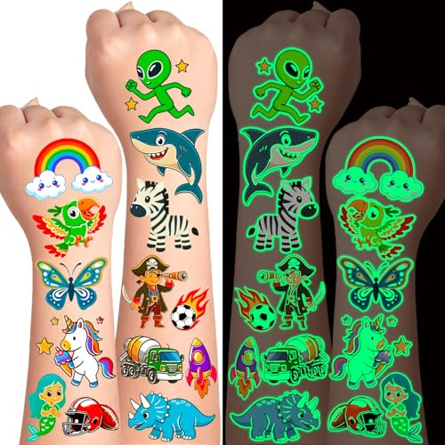 350 Stück Leuchte Tattoos für Kinder, Kinder Tattoo Jungen und Mädchen | Kindertattoos Hautfreundlich, Leuchttattoos Mit Alien, Dinosaurier, Tiere, Einhorn, Meerjungfrau, Auto, Weltraum, Piraten usw
