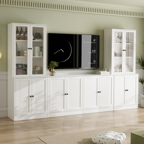 VOWNER Grande Mobile TV con Scaffali per TV fino a 70 Pollici, Mobile TV Soggiorno 180 cm，Centro di Intrattenimento, Mobile Porta TV Combinabile con Libreria per Soggiorno, 2B+2E (Bianco)