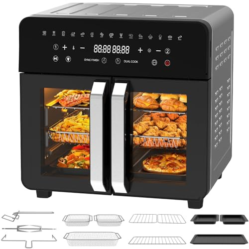 Dewelling Freidora de Aire Dual Zone 23L, Air Fryer XXL con divisor extraíble, Freidora sin aceite con puertas French Door, 15 programas, Gran ventana, 5 juegos de accesorios, Libro de recetas